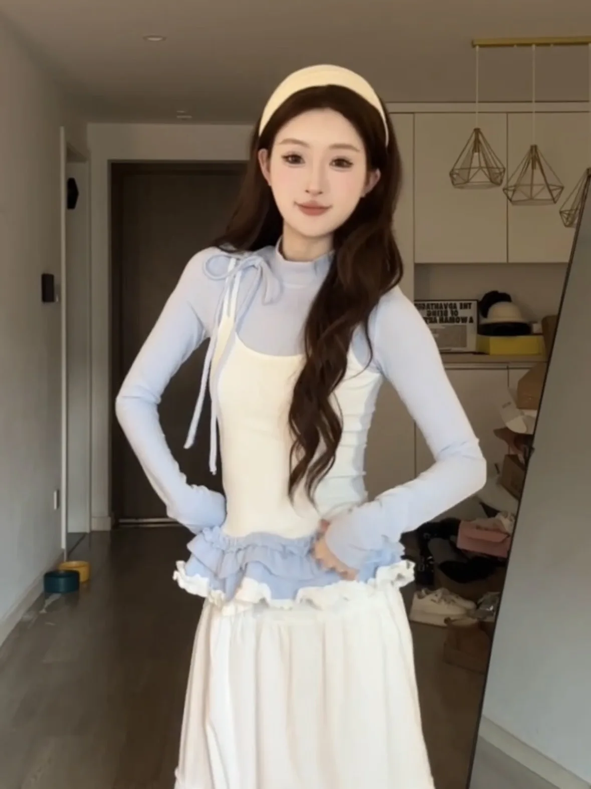 

Long Sleeved T Shirt Simple Womens Spring Bow Tie Cuff Adjustable Waist City Lady Artistic Pleat Decorative Layered Crisp Tender