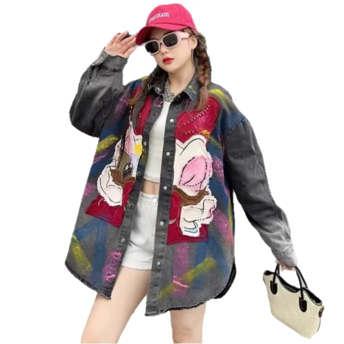 Trendy Brand Denim Jacket for Women Heavy Embellished with Rhinestones High-end Cartoon Shirt Design Mid-length Retro Cardigan