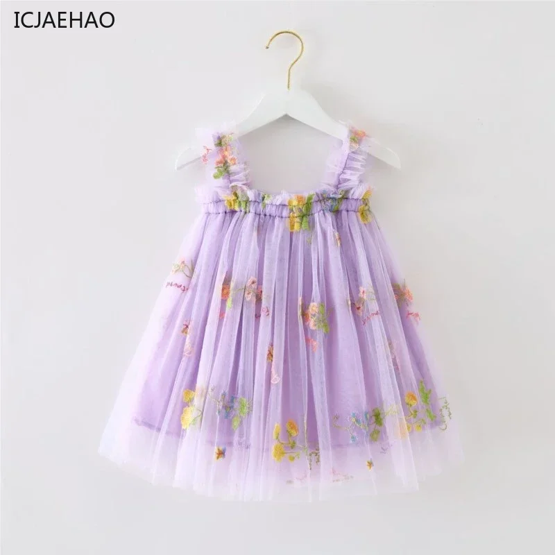 Vestido de alça sem mangas para meninas, roupas de festa de princesa, bordado de flores, infantil, criança, fantasia infantil, aniversário, 2025