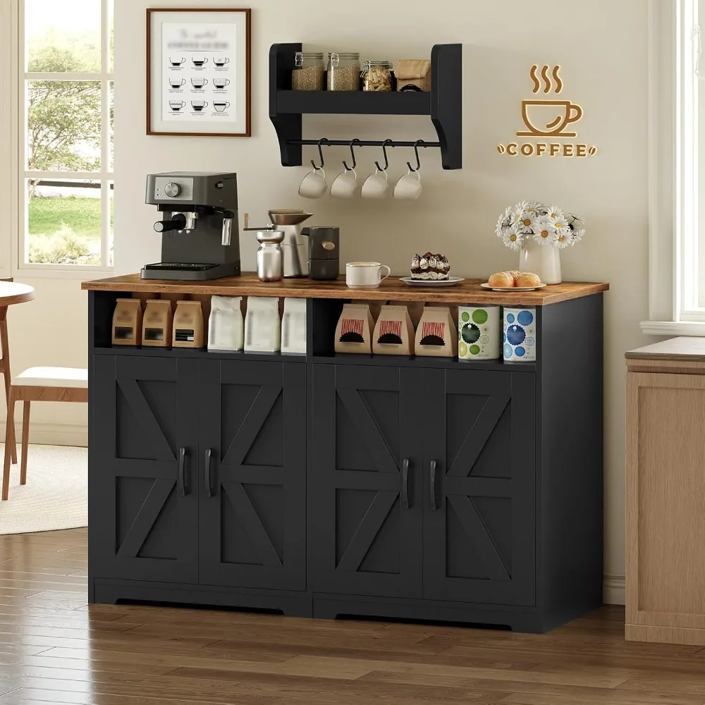 Extra Large Coffee Bar Cabinet with Storage, Farmhouse Kitchen Island Buffet, Rustic Brown