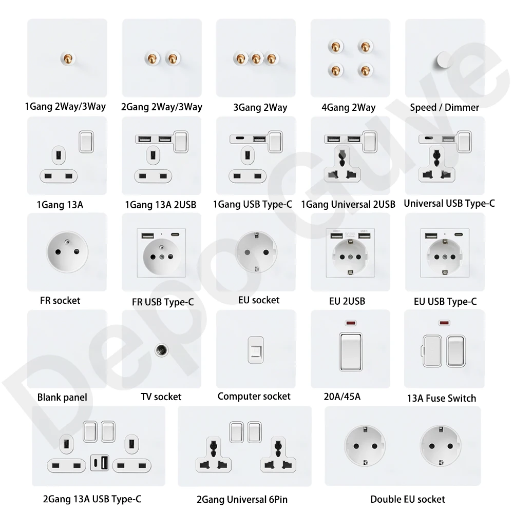 Witte Muur Toggle Lichtschakelaar 2Way Rvs Paneel Retro Messing Hendel Schakelaar 220V EU FR USB Type-c Socket Plug Voor Thuis