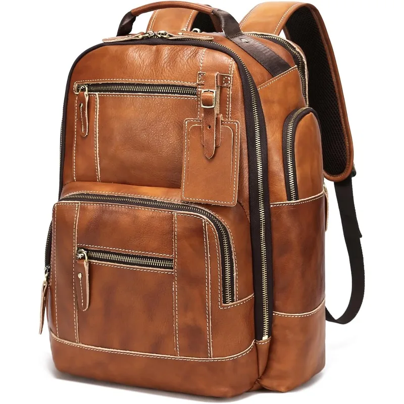 Sac à dos en cuir véritable pour hommes, sac à dos pour ordinateur portable de 15.6 pouces, sac à dos de camping et de voyage de 24L