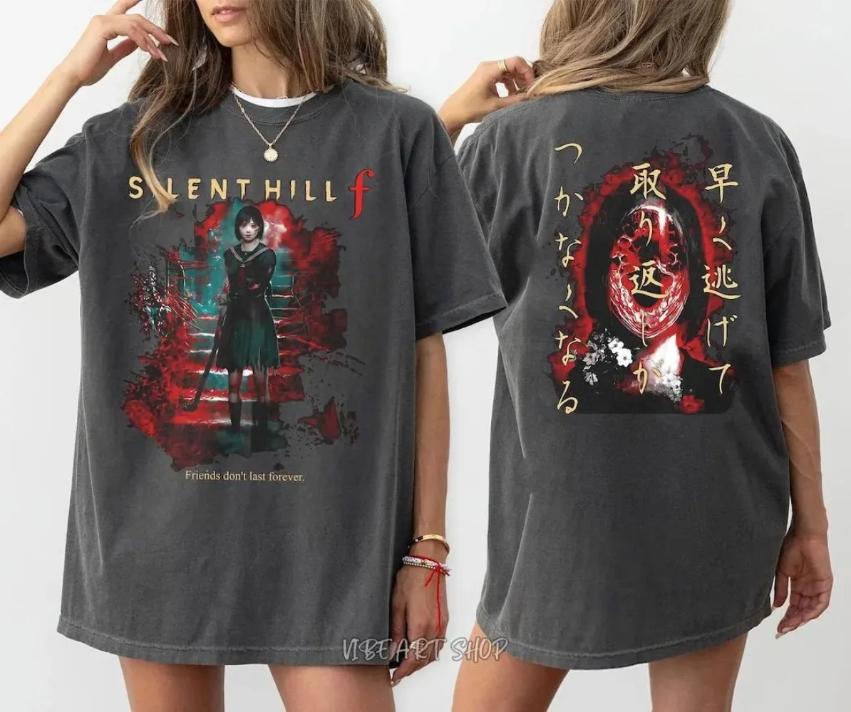

Комфортные цвета Silent Hill F, негабаритная рубашка с изображением ужасов, винтажная футболка с японским рисунком, жуткий эстетический топ для выживания