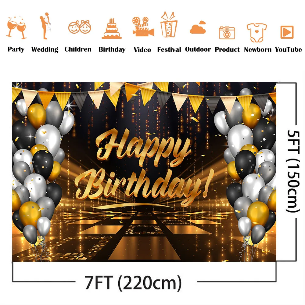 Gold Birthday Balloons Background for Adult Theme Party Decoration 30th 40th 50th 60th Joyeux Anniversaire Photo Backdrop Props