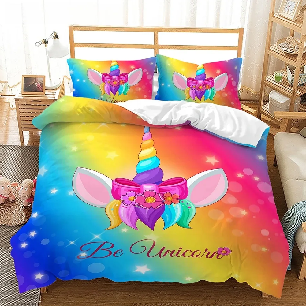 

Rainbow Unicorn Bedding Set Kawaii Cartoon Animal Bed Linen For Kids Girls 2/3pcs Twin Single Double Queen Size Duvet Cover Sets