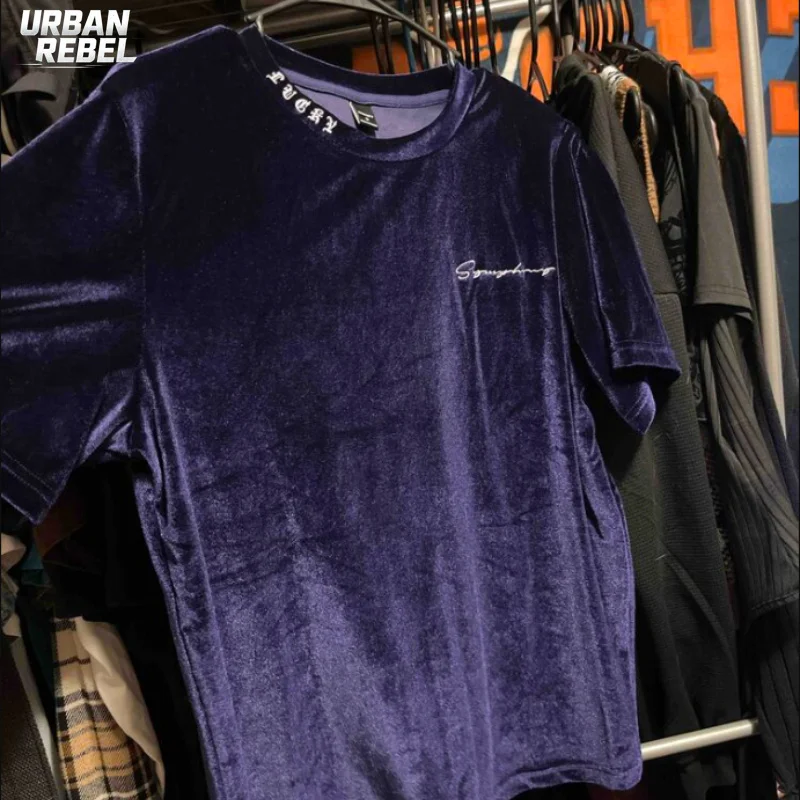 2026 Y2K Streetwear Purple Velvet Letter Embroidery Versatile T Shirt Men Slim Round Neck Short Sleeve Casual Hip Hop Tee Top