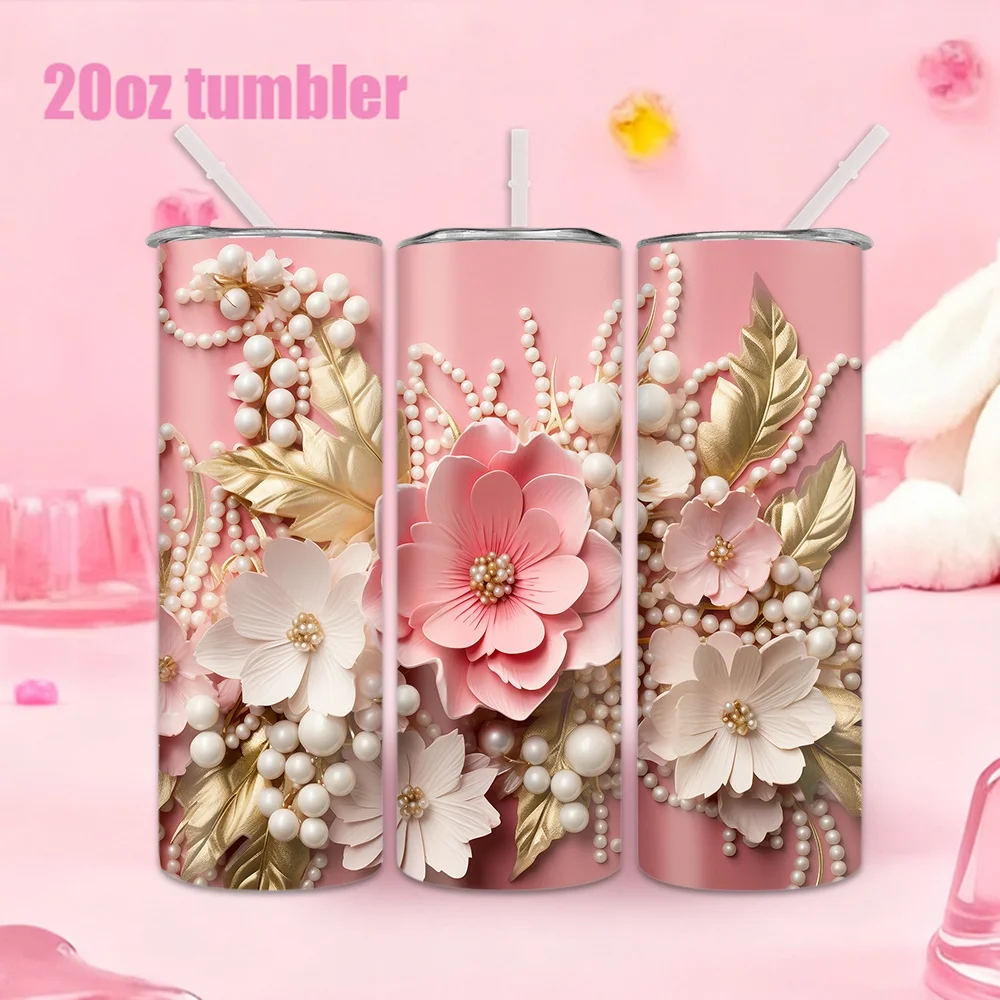 1 Stück 20oz Trinkflasche mit Strohhalm, isolierter Edelstahl-Wasserbecher mit rosa Blume, Goldblatt und Perlen-Dekoration.
