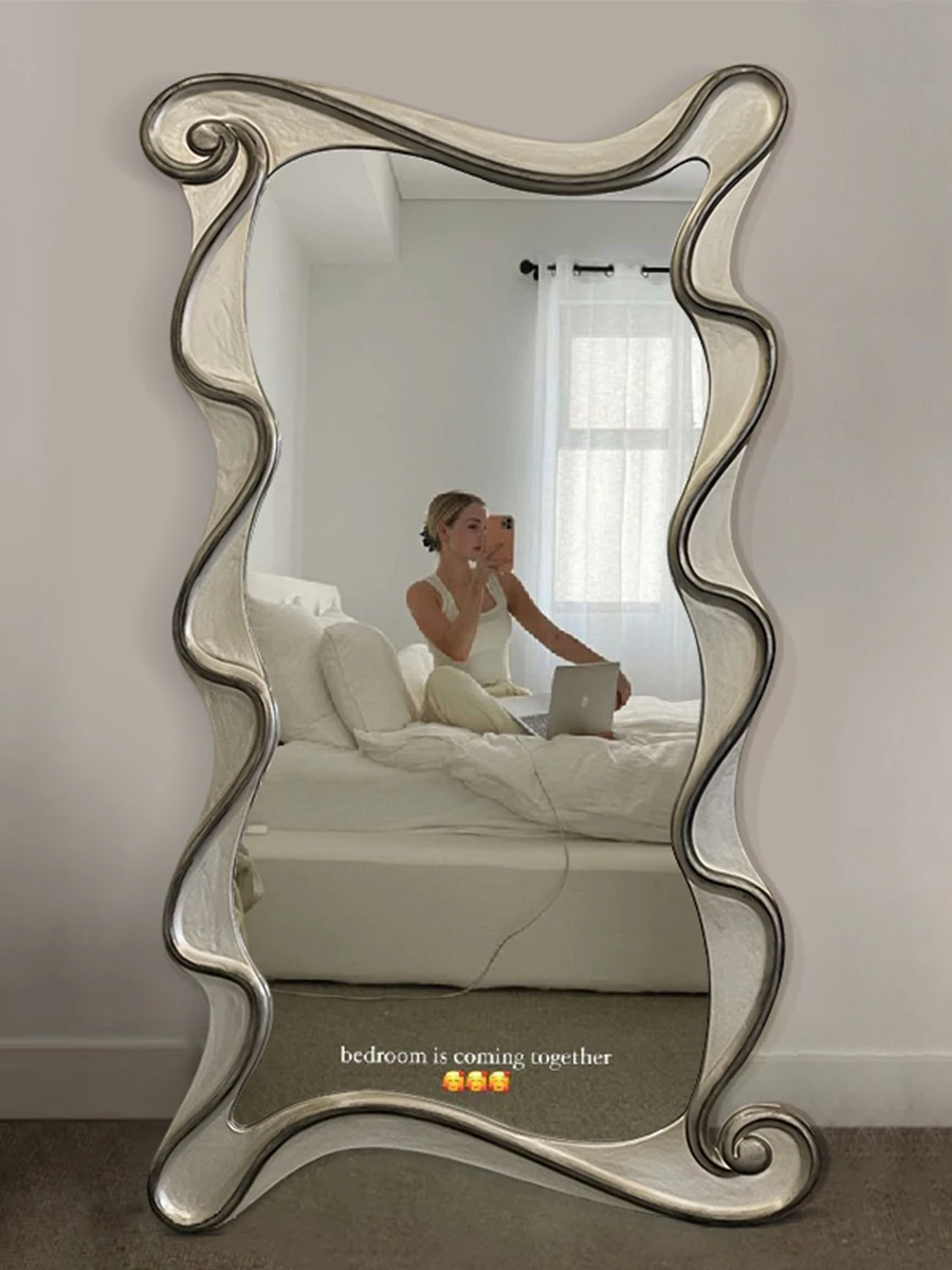 

Customized full-length floor mounted mirror with wall mounted design, French retro large bedroom, irregular home wall mounted