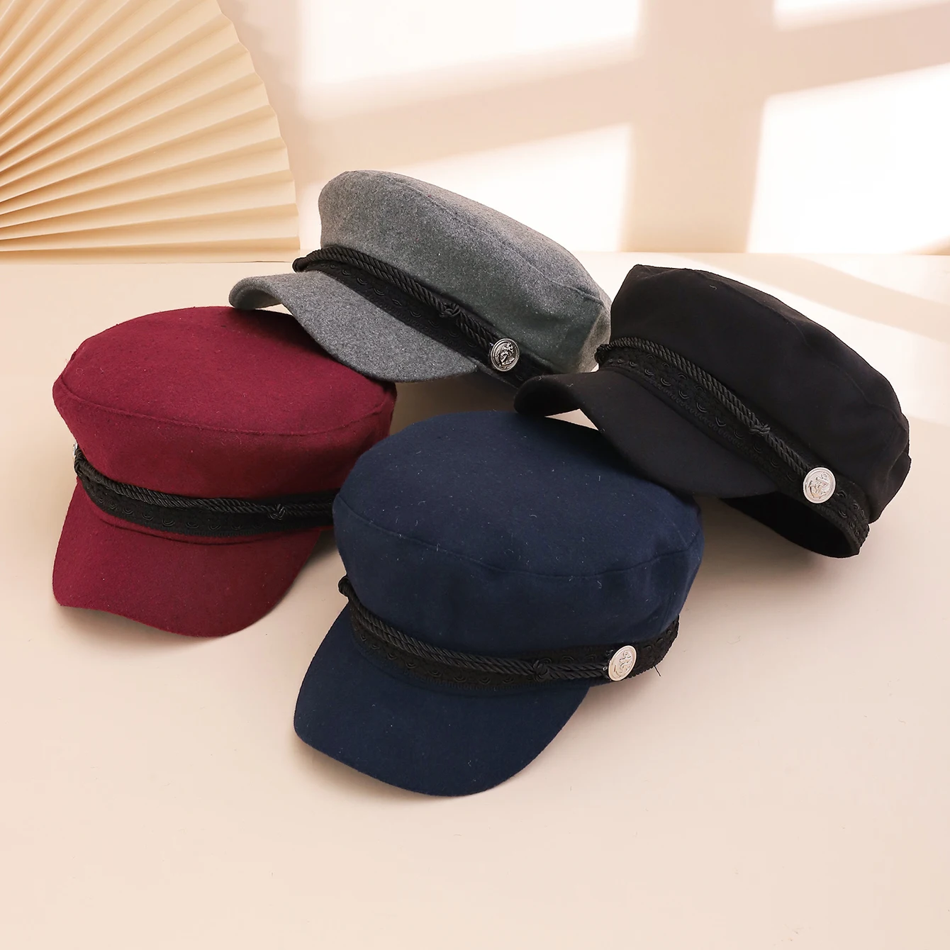 Korean autumn and winter retro woolen flat-topped newsboy cap with woven rope lace decoration, anchor, beret and baseball cap
