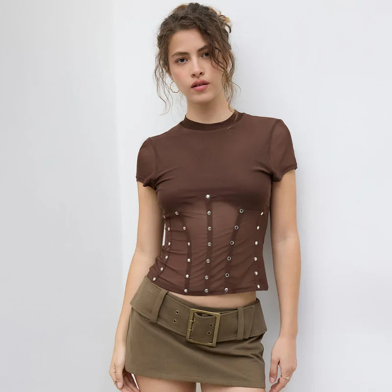 

Europe and the United States new fashion women's sexy tight-fitting perspective rivet splicing round neck short sleeve T-shirt