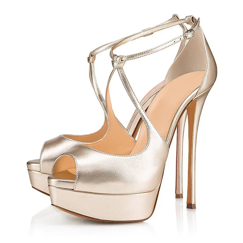 

Sexy Champagne Matte Leather Cross Knot Peep Toe Platform Pumps Female Ultra High Heels Banquet Shoes for Women