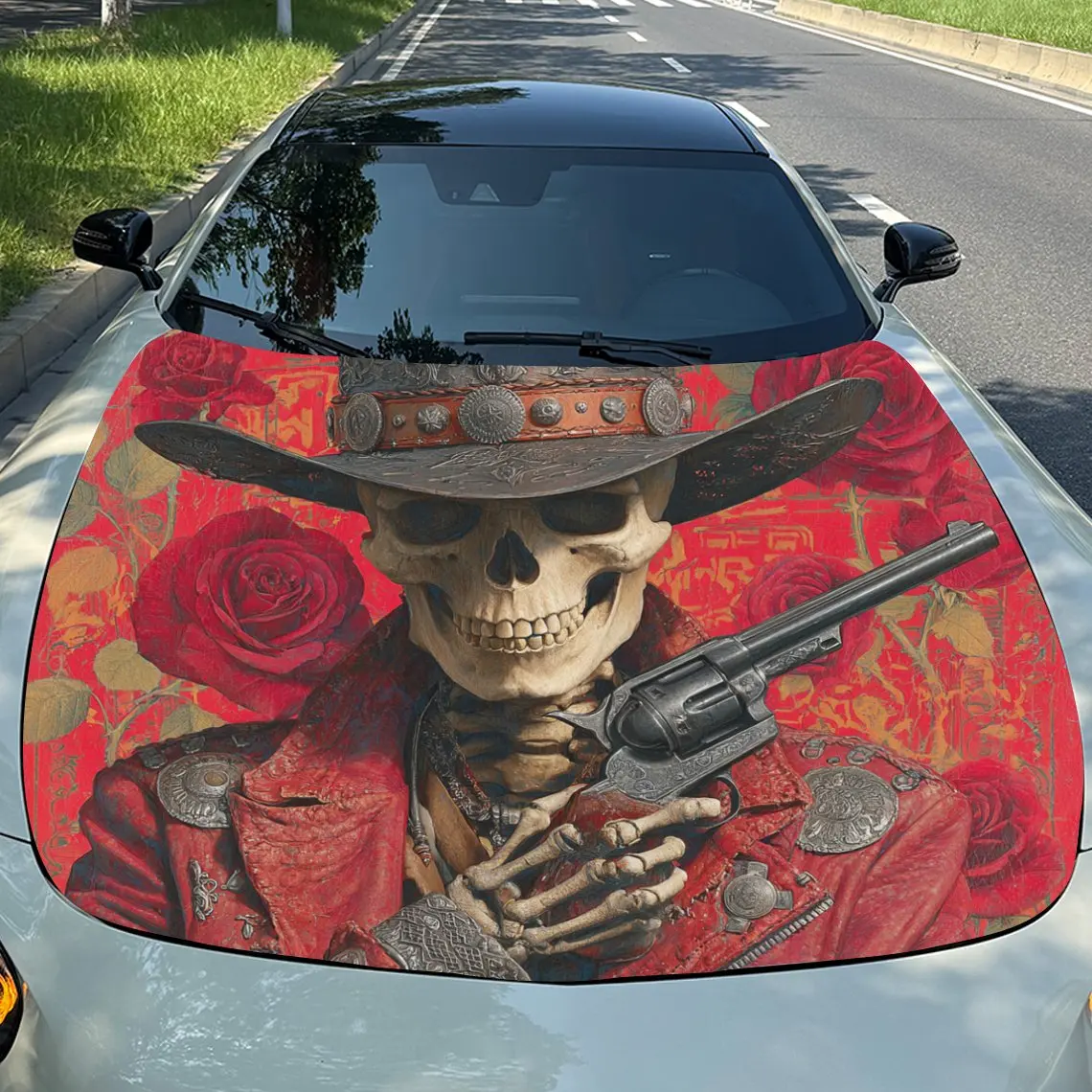 

Gun Wielding Skeleton Car Hood Stickers-Long Lasting PVC Vinyl Coating Suitable For Various Vehicles, Outdoor Car Accessories, W