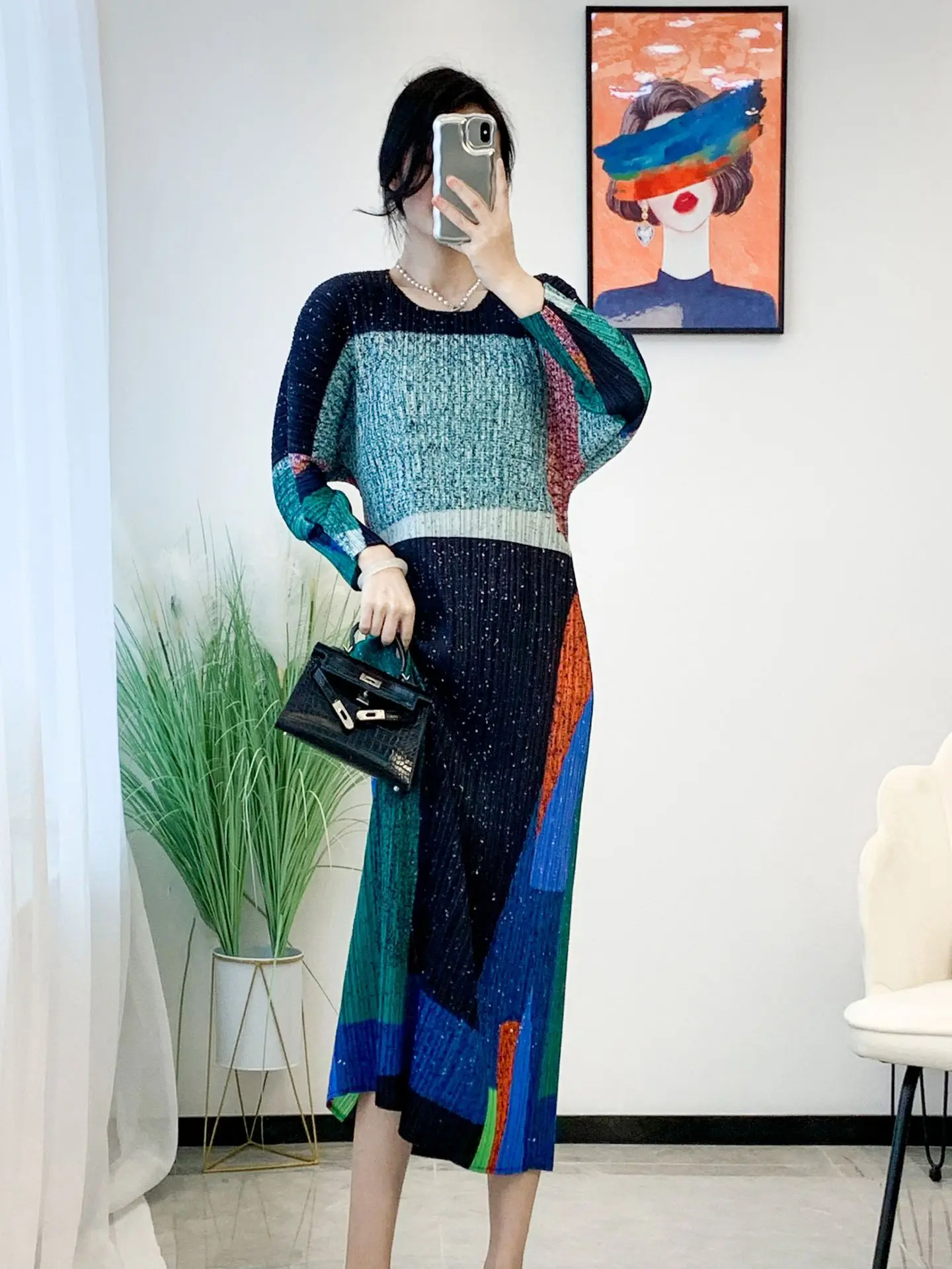

Pleated 2023 Spring New Printed Temperament Dress High-end Women's Waist Slim Long Dress