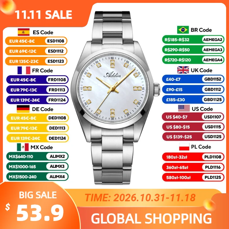 ADDIES Ladies Watch Women 31mm Sapphire Crystal 316L Steel Diamond Dial Japanese Quartz Movement Waterproof Fashion Wristwatch