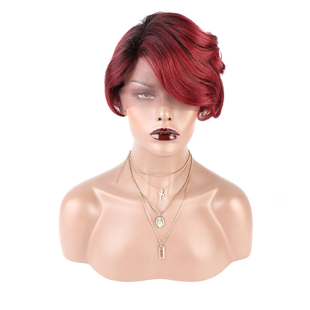 Perruque brésilienne naturelle, cheveux lisses, coupe Pixie, Lace Front Transparent, t-part, pre-plucked, pour femmes