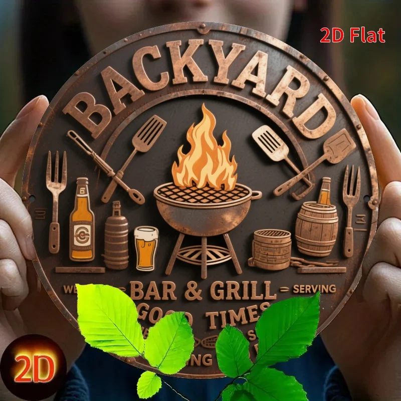 2D flach, 1 Stück Vintage-Metallschild – Hinterhof-Grill- und Bardekoration mit Grill, Gabeln, Bierkrügen – robuste Eisenkonstruktion – 19,81 x 1