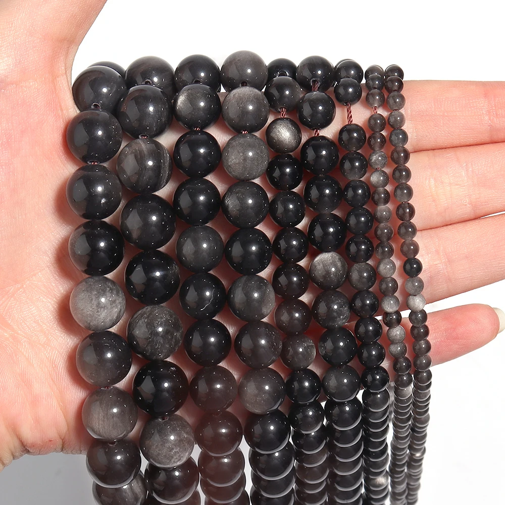 1 Strang 4/6/8/10/12 mm Naturstein-Silber-Obsidian-Perlen, runde lose Perlen für die Schmuckherstellung, DIY-Armband, Halskette, Zubehör