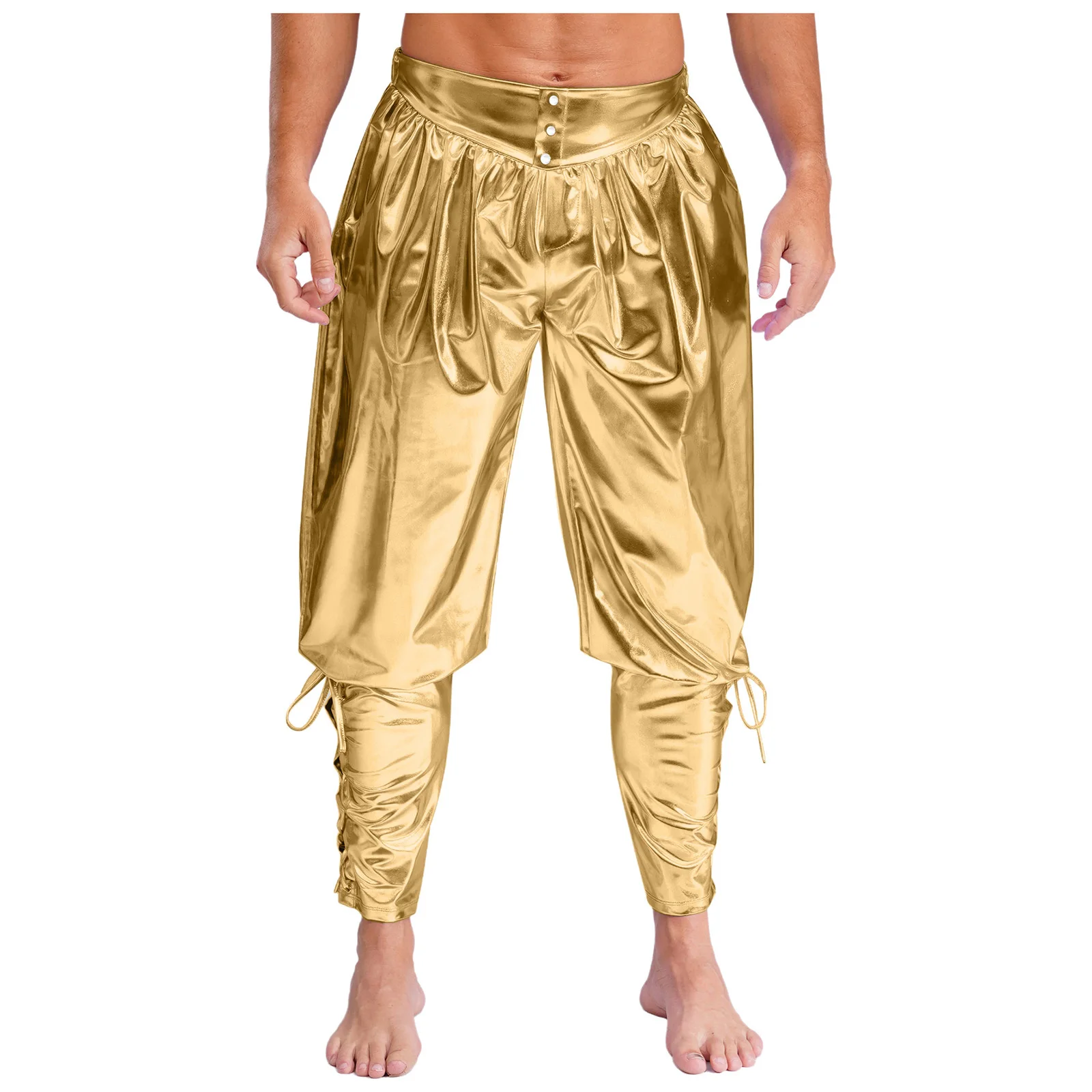 Men Medieval Renaissance Viking Pirate Pants Metallic Ankle Banded Trousers for Halloween Cosplay Party Performance Costume