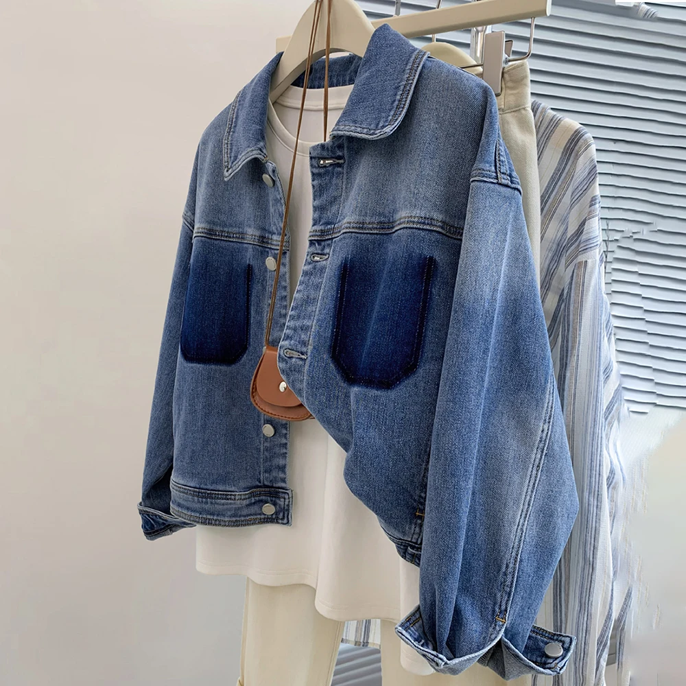 

American Retro Ombre Blue Denim Jackets for Women Spring Autumn Casual Loose Single Breasted Long Sleeved Jean Coats Short Tops