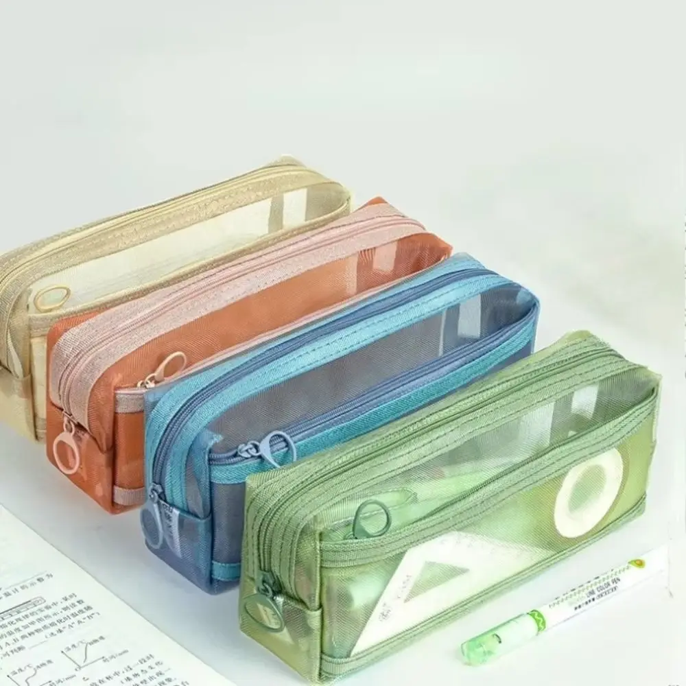 Portable Double Layer Mesh Pen Bag Large Capacity Durable Pencil Case High Quality Transparent Stationery Storage Bag Student