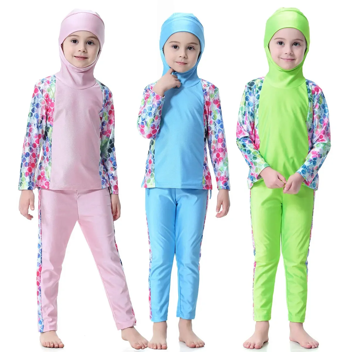 

80-160cm Fashion Muslim Girls Children Swimwear Modest 2pcs Set Swimsuit Hooded Top Pants Side Printing Pink Green Blue Clothes