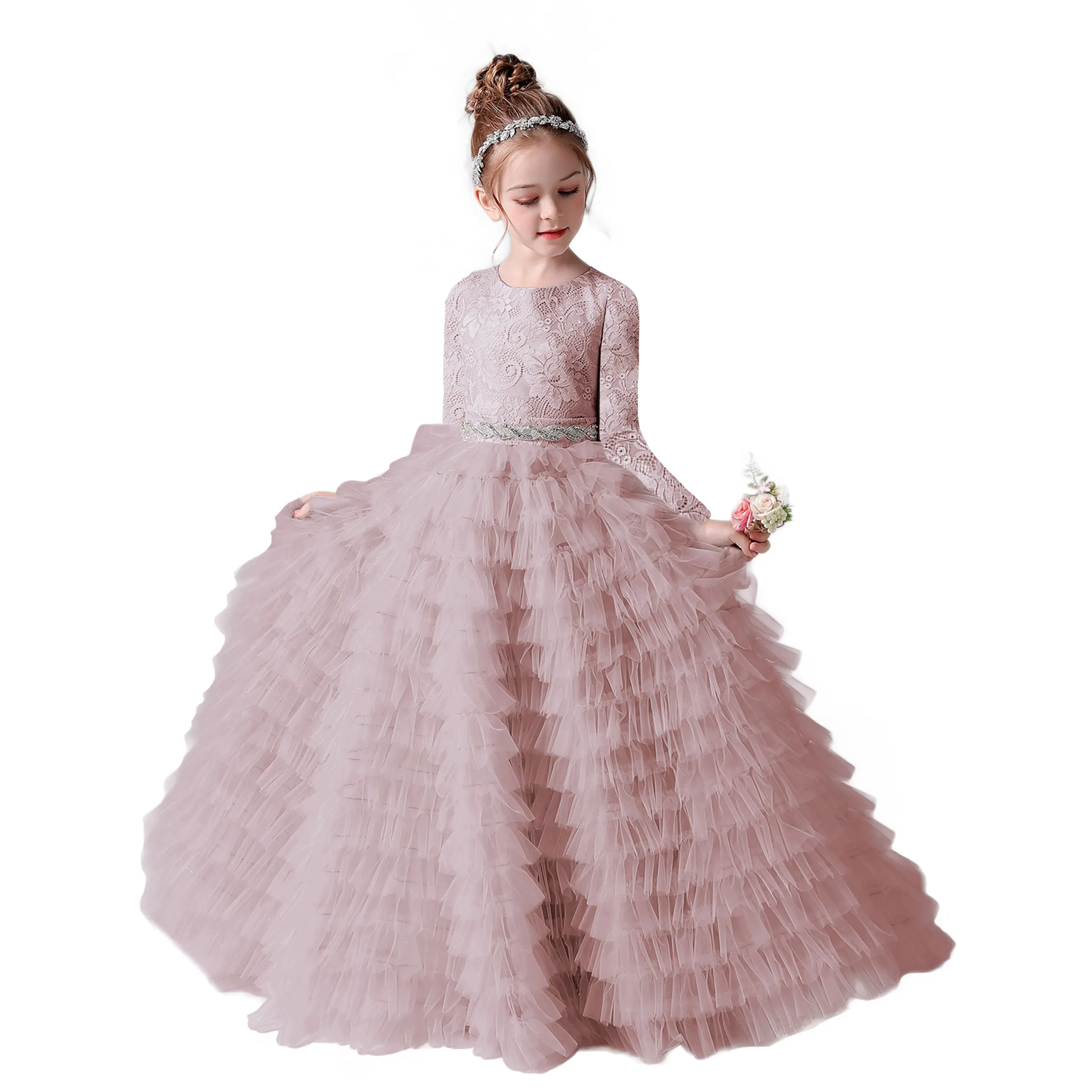 Dideyttawl Long Sleeves Tulle Princess Dress For Girls 2024 Girl Gown For Banquet Formal Party Junior Concert Winter New Year