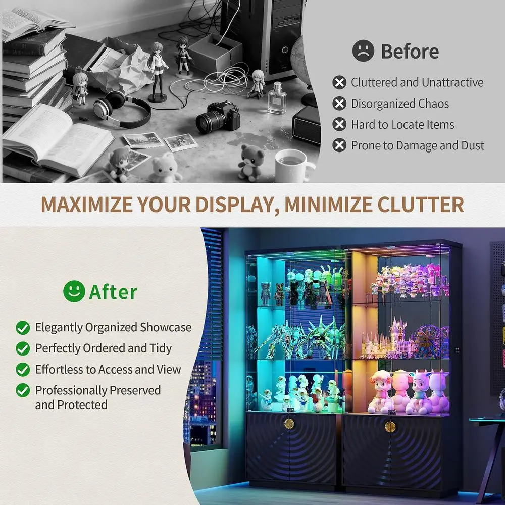 71 Glass Display Cabinet, 4-Tier Curio with 3-Color LED Lights, Lockable, Sensor-Activated, Tall Bookcase with Shelves & Door view 6