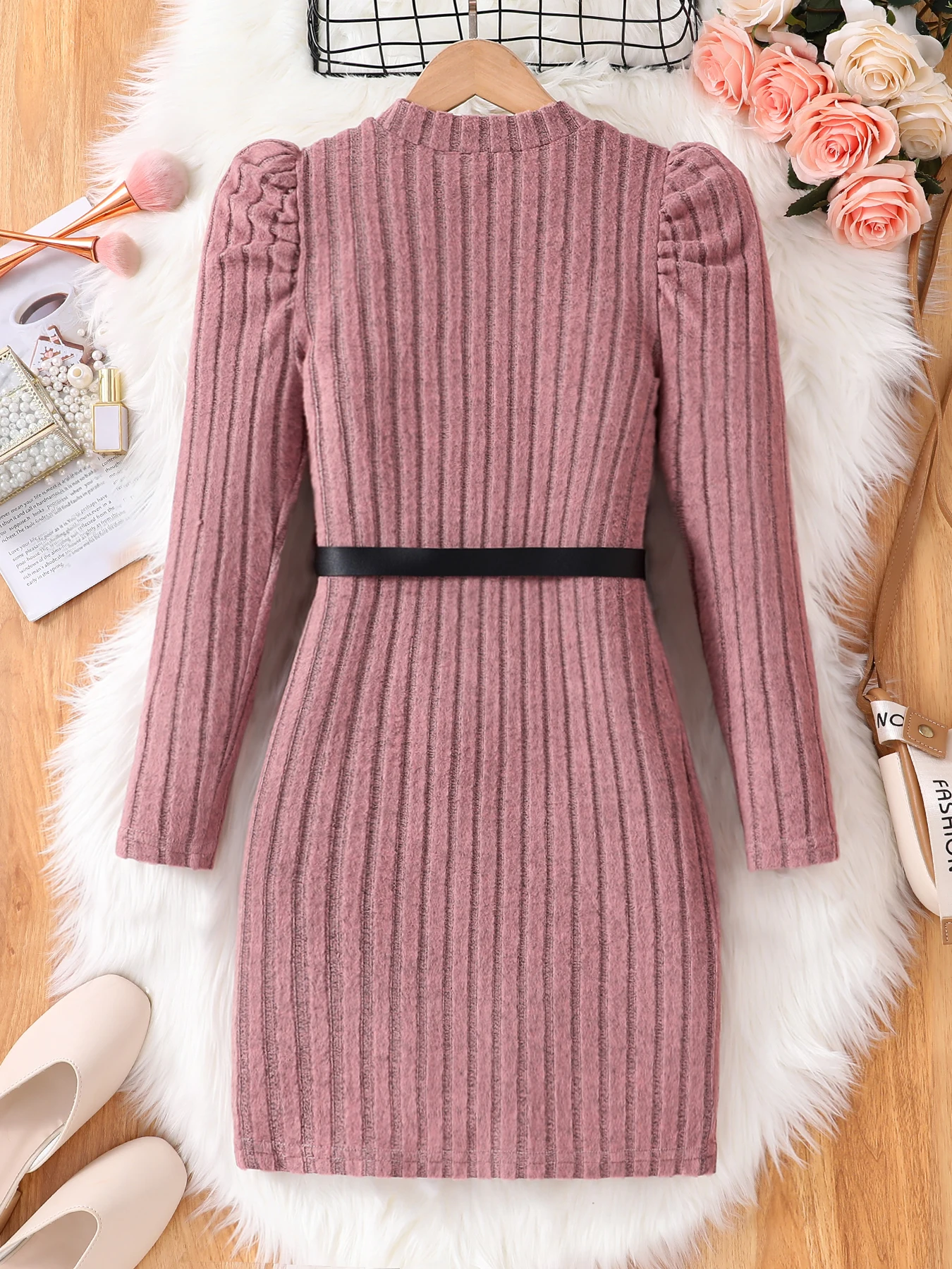 Spring Autumn Solid Color Striped round Neck Knee-Length Skirt Casual Knitwear for Children Women Fashion Outdoor