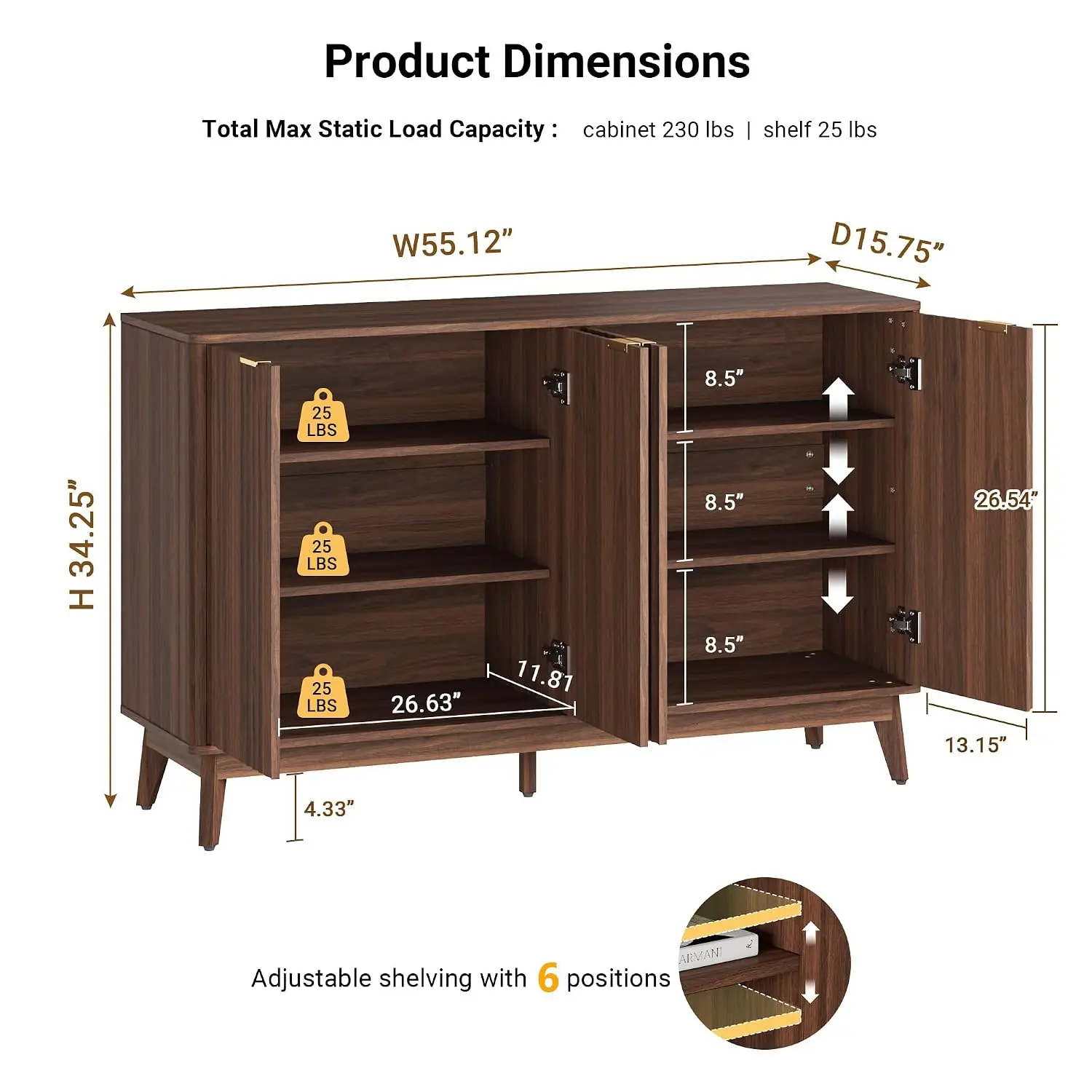 Walnut Buffet Cabinet with Storage Adjustable Shelf Doors Fluted Sideboard for Kitchen Living Room Entryway 55