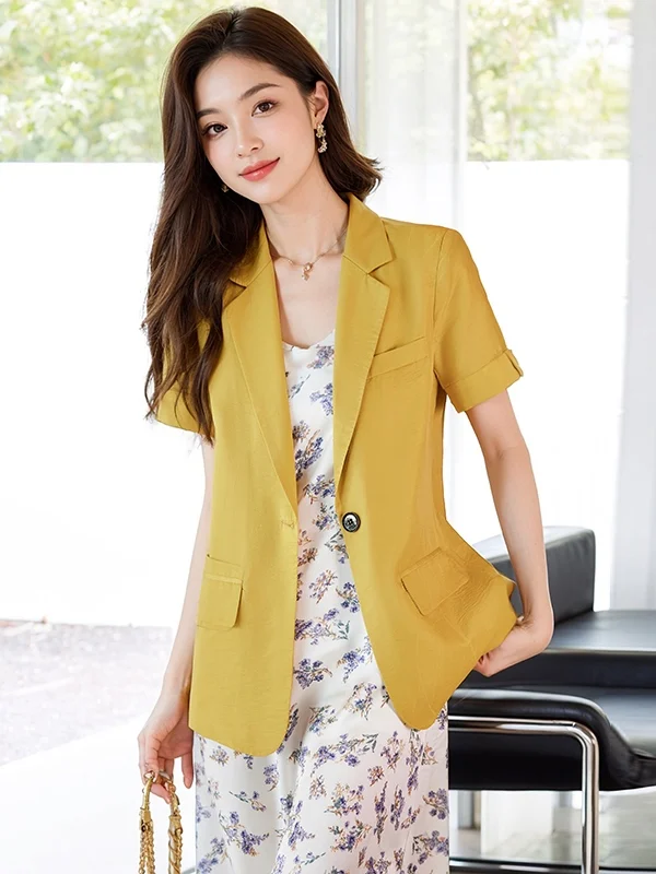 

Yellow Casual Short Sleeve Suit Jacket Women's Lightweight Summer Fashionable Button up Office Style High Quality Top