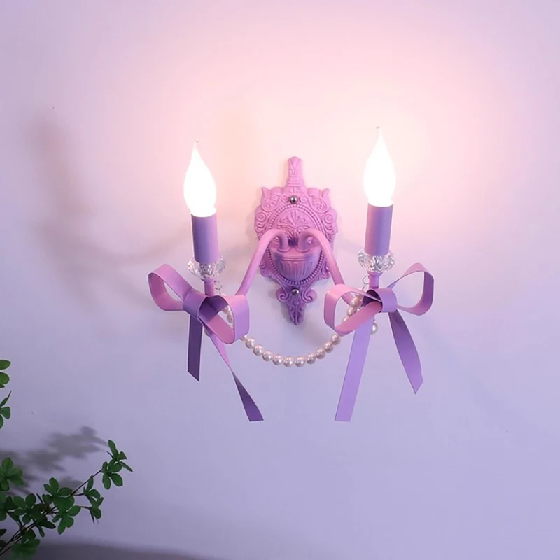 

Детская комната, настенные светильники для комнаты принцессы, фиолетовый бант, свеча, французский теплый романтический проход, прикроватные настенные светильники для спальни для девочек