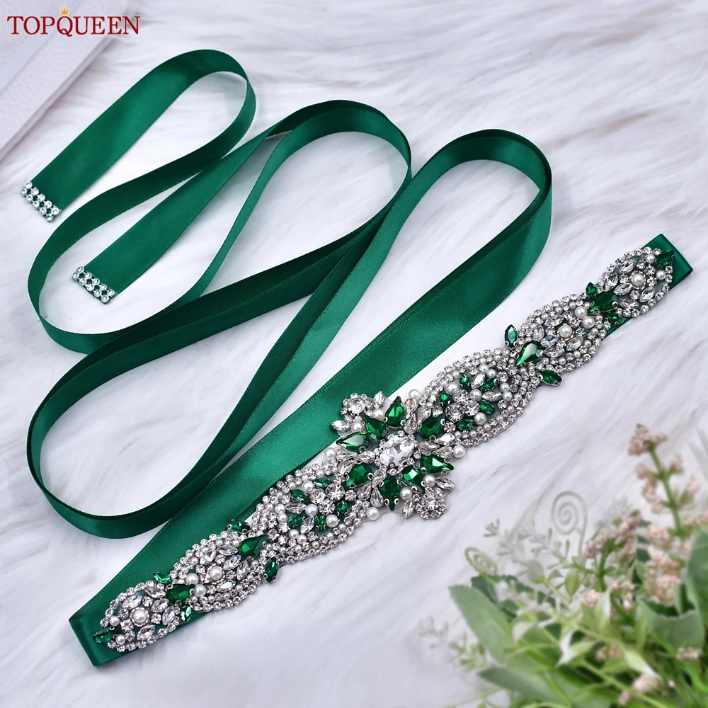 TOPQUEEN Wedding Rhinestone Sash For Women Bridal Dress Belt Green Jeweled Stone Hand Appliqued Party Ribbon Sash S84-KL