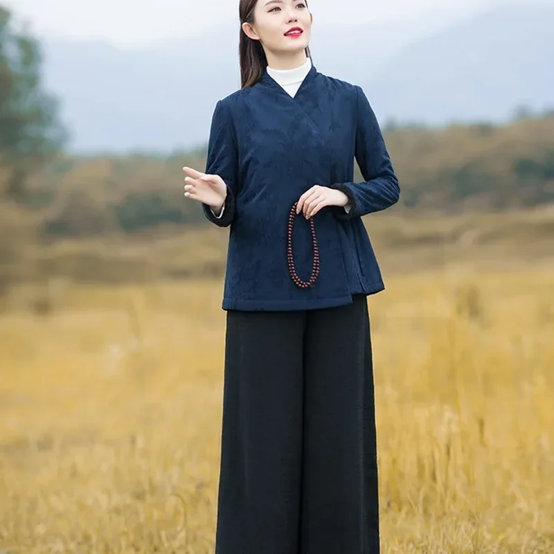 النمط الصيني ملابس النساء النساء معاطف الشتاء 2024 الخريف Hanfu القطن الكتان تانغ دعوى الصينية شيونغسام 12031