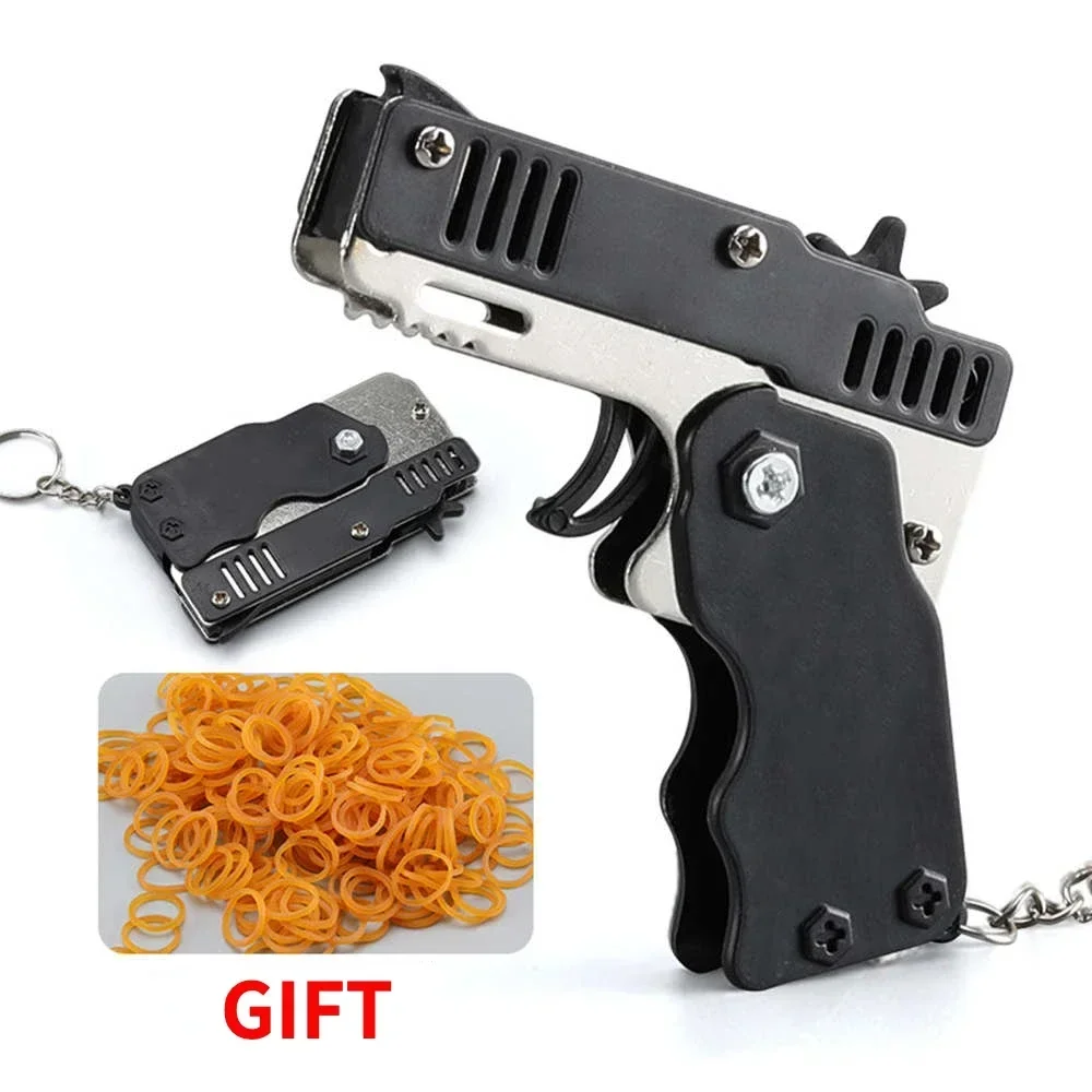 1PCS Keychain Gun with 60 Rubber Bands Shooting Pistol Alloy Kid Outdoor Activities Party Metal Boyfriend Children Gift Funny