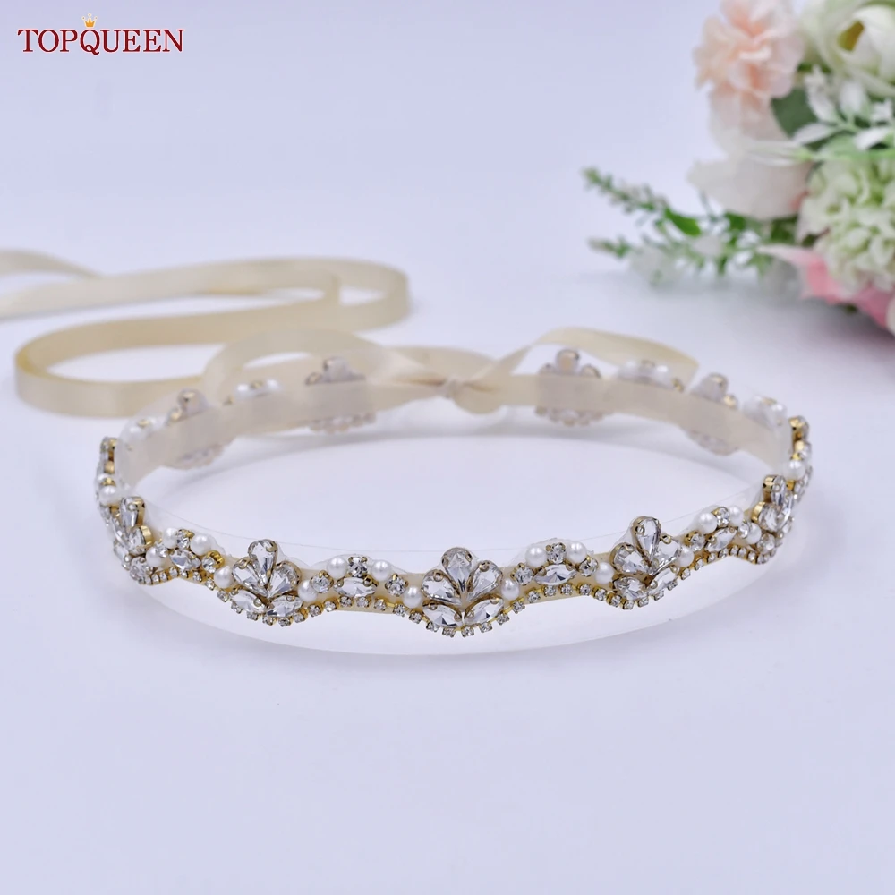 

TOPQUEEN S421-G Bridal Belt Luxury Gold Decoration Pearls Applique Bride Women Wedding Party Evening Gown Dresses Handmade Sash