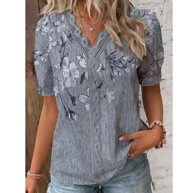 Elegant Women\'s Blouse 2024 Summer V-neck Flower Printed Lace Blouses Casual Vintage Patchwork Shirt Short Sleeve Tops Clothes