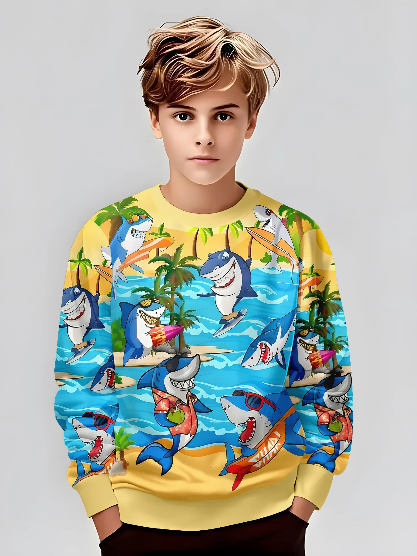 

Толстовка в тропическом стиле для мальчиков с принтом акулы для серфинга, игривый принт, очень привлекает