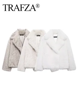 TRAFZA Women Winter Elegant Solid 3-Color White Faux Fur Long Sleeve Cardigan Coat Women's High Street Pockets Coat Mujer