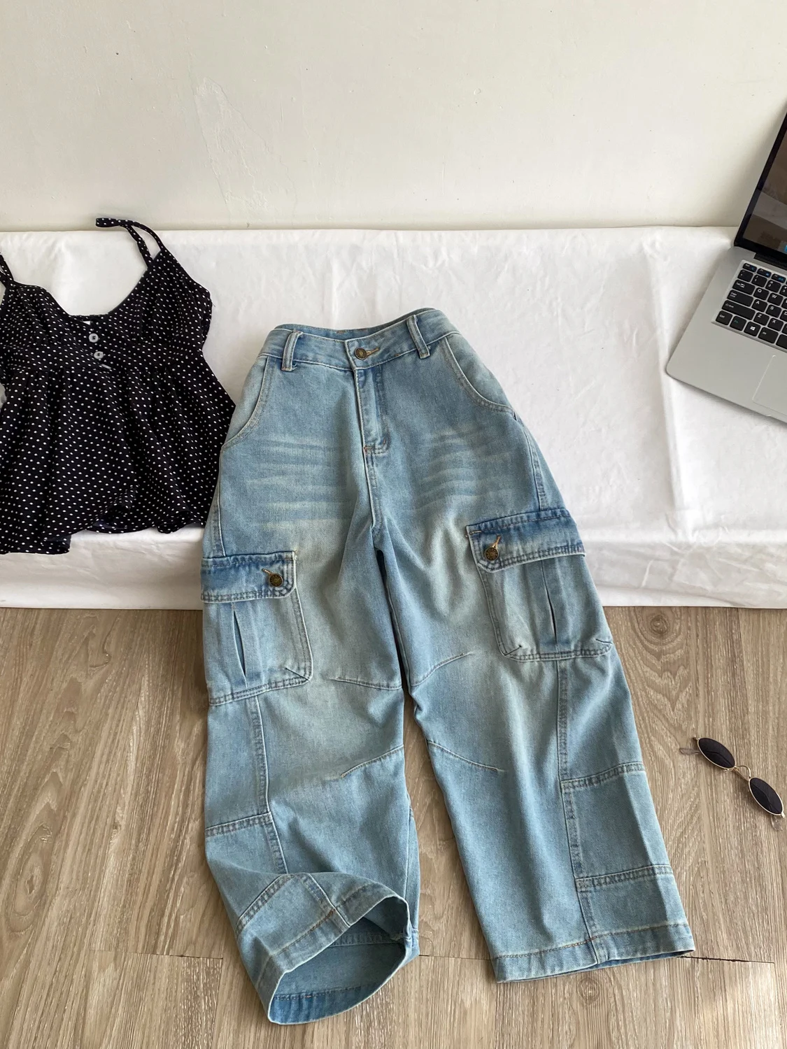 High Waist Loose Women's Jeans Commute Style Multi Pocket Light Blue Denim Pants Slimming Casual Wide Leg Trousers Autumn