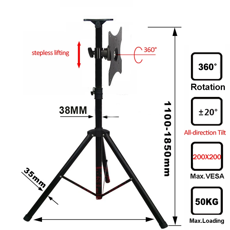 Active folding LCD TV floor stand TV bracket Cart display stand Full sports TV tripod Loading 50kgs VESA 200x200mm