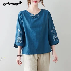 Women Clothing Vintage Embroidery Chinese Ethnic Style Tops Cotton Linen Blouses Spring Autumn Loose Shirt Blusa Mujer Moda 2023