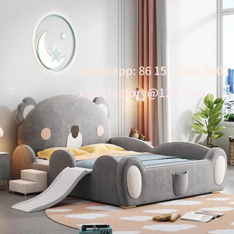 

Customizable Boy Brown Bear Bed Slide Bed Light Luxury Single Solid Wood Flannel with Guardrail Bed Storage