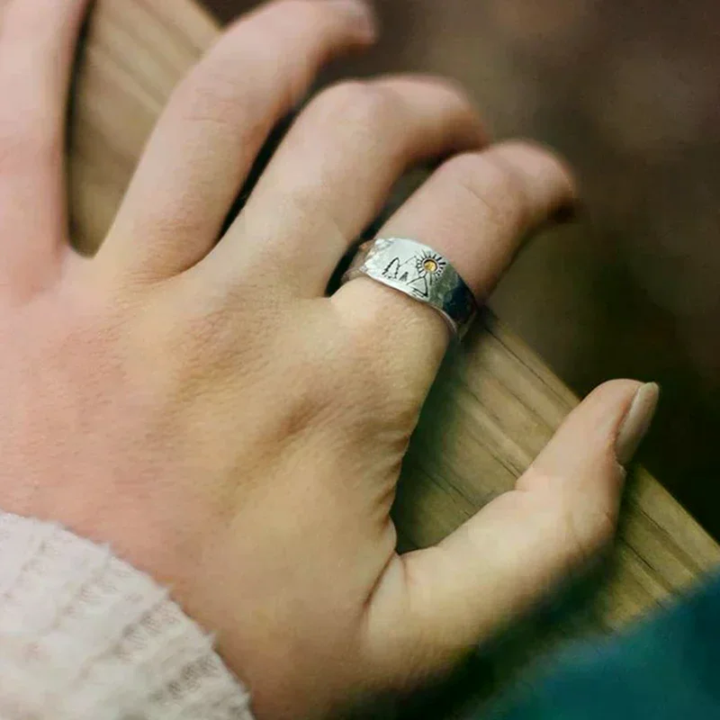 Vintage Ring Forest Mountain Sunset Nature Landscape Carved Ring For Women Men Open Adjustable Jewelry Fashion Ring
