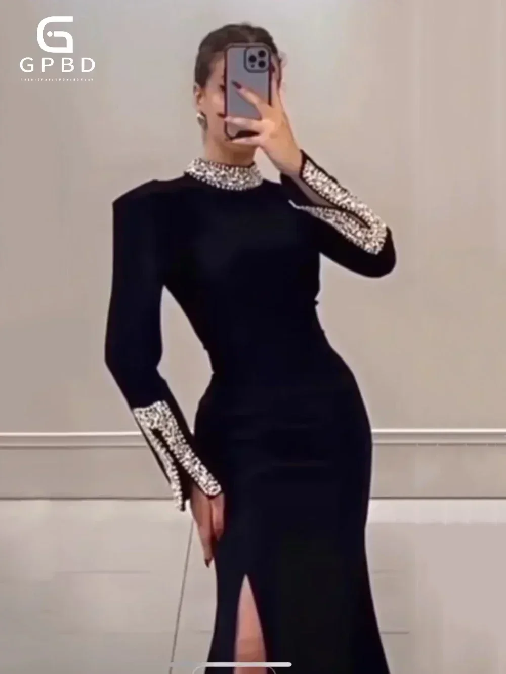 GPBD Women\'s 2024 Black Long Sleeves Diamonds Tight Sexy Split Celebrity Cocktail Party Bandage Long Dress Maxi Gowns