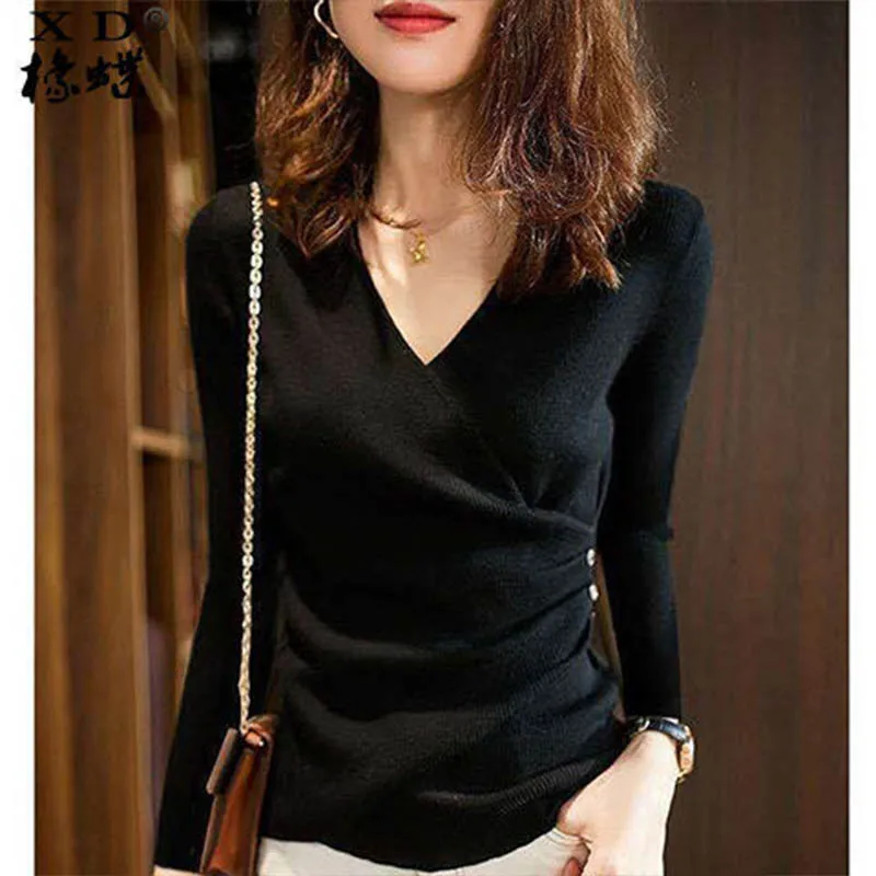 Women Clothing Fashion Slim Solid Knit Pullovers Autumn Winter Elegant Chic Long Sleeve V-neck Sweaters Casual Versatile Y2k Top