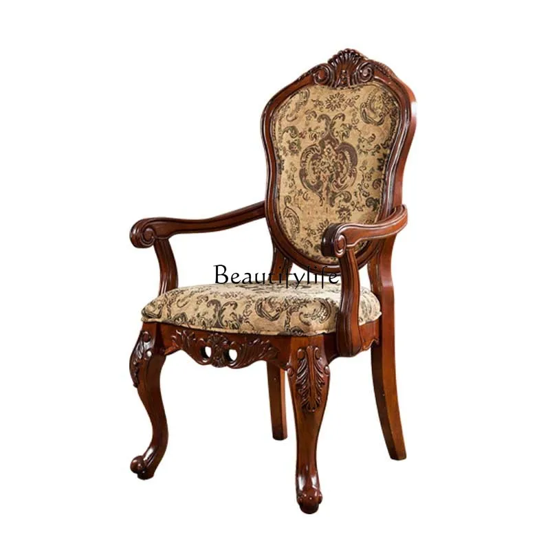 

American Style Furniture Solid Wood Dining Chair Vintage Carved Fabric Leisure Book Chair