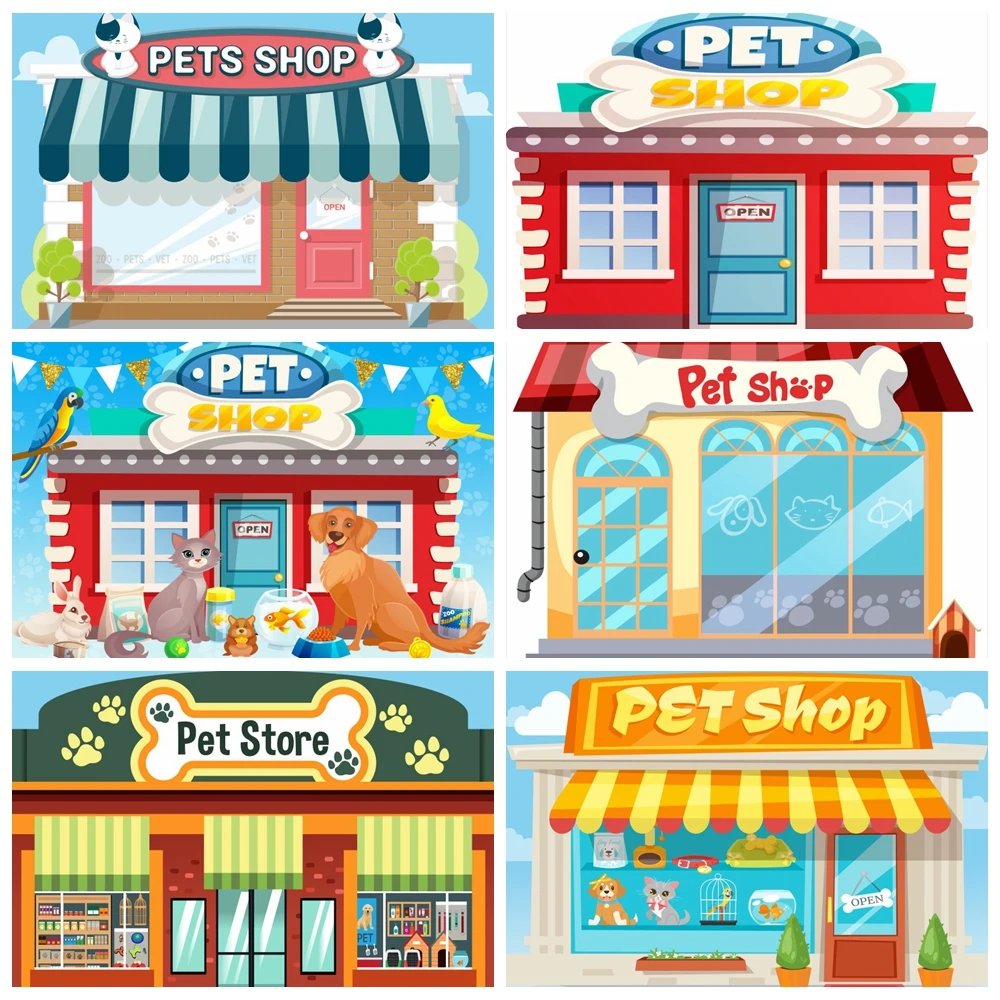 

Pet Shop Theme Photography Backdrop Cartoon Cats Dogs Store Kids Birthday Party Decoration Photographic Background Photo Props