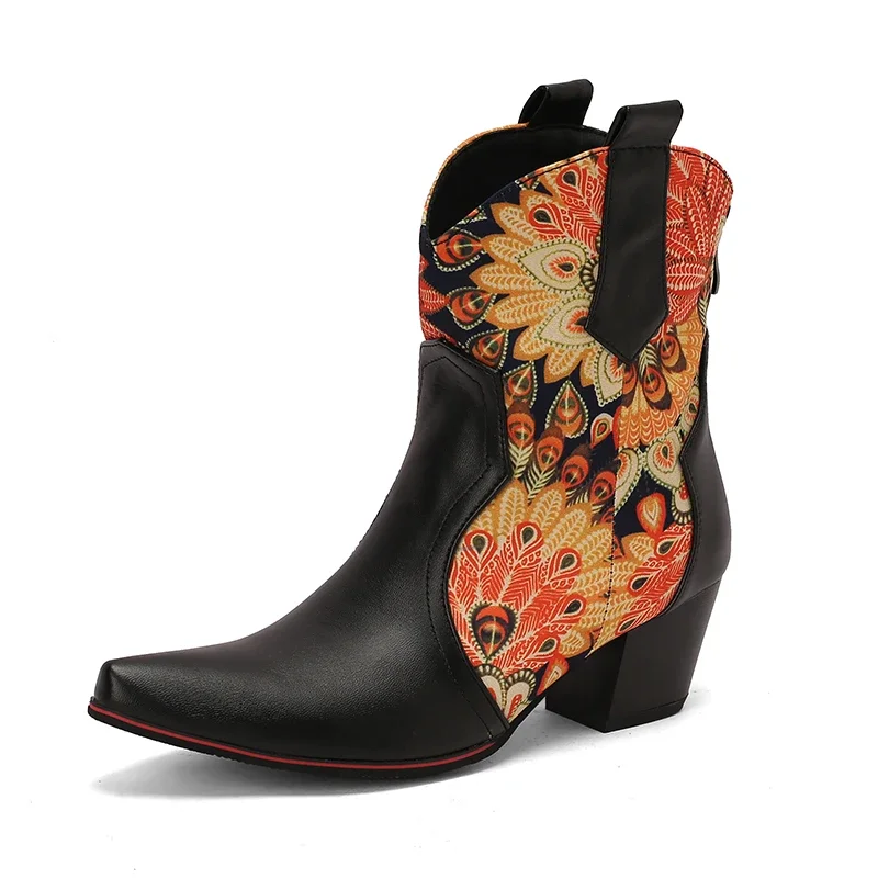 2024new autumn winter women ankle boots plus size 22.5-28cm pu/printing fabric square toeback zip thick heel women modern boots