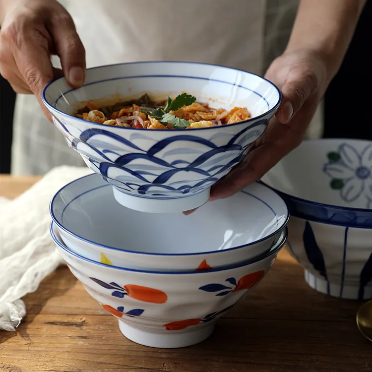 

Large Size Ceramic Noodle Bowl Japanese Style Creative Beef Ravioli Bowl Personalized Home Salad Bowl with Plant Floral Pattern