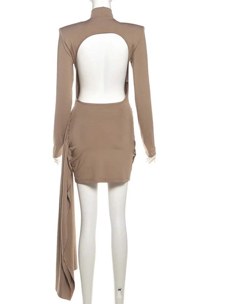 Beyprern Sexy Women's Turtleneck Ruched Cutout Back Bodycon Mini Dress with Draped Sash Backless Night Clubwear Outfits